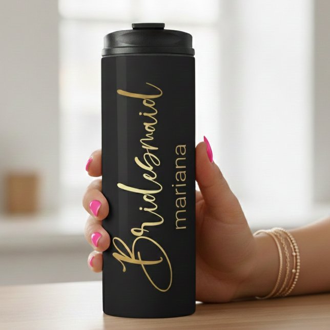 Goldkalligrafie der Brautjungfrau personalisiert Thermosbecher (Von Creator hochgeladen)