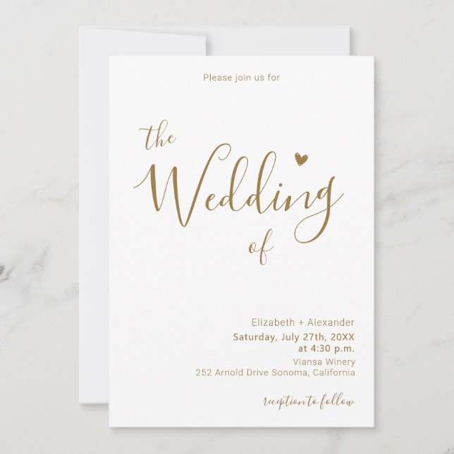 Goldkalligrafie Herz-Script QR Code Hochzeit Einladung (Vorderseite)