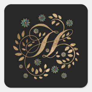 Goldkalligrafie-Monogramm mit Buchstabe H Quadratischer Aufkleber