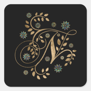 Goldkalligrafie-Monogramm mit Buchstabe N Quadratischer Aufkleber