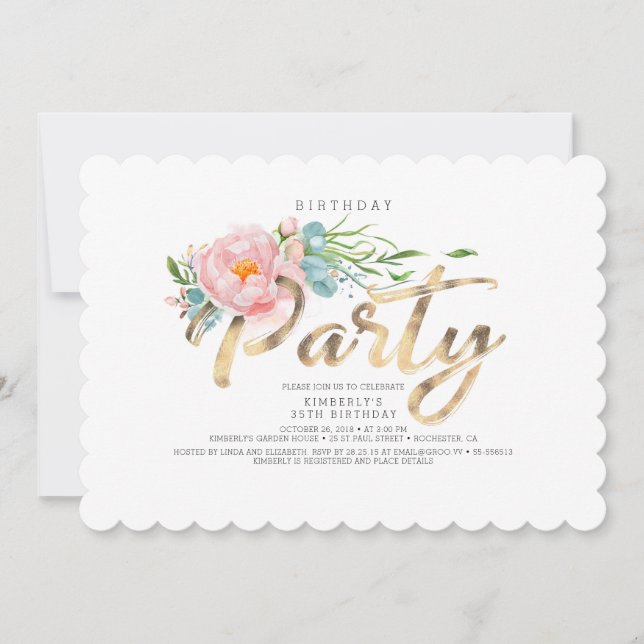 Goldkalligrafie Rosa Florenz Geburtstag Einladung (Vorderseite)