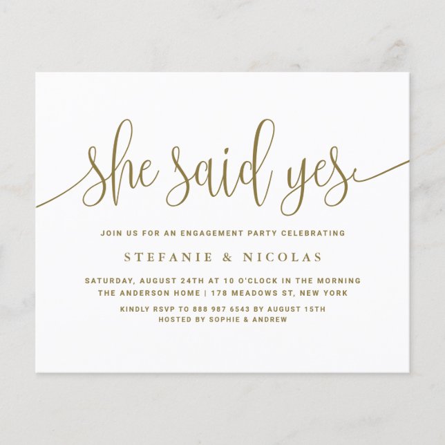Goldkalligrafie Sie sagte Yes Engagement Party (Vorderseite)