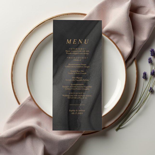 Goldkalligrafie und Black Agat Wedding Menu Menükarte (Von Creator hochgeladen)