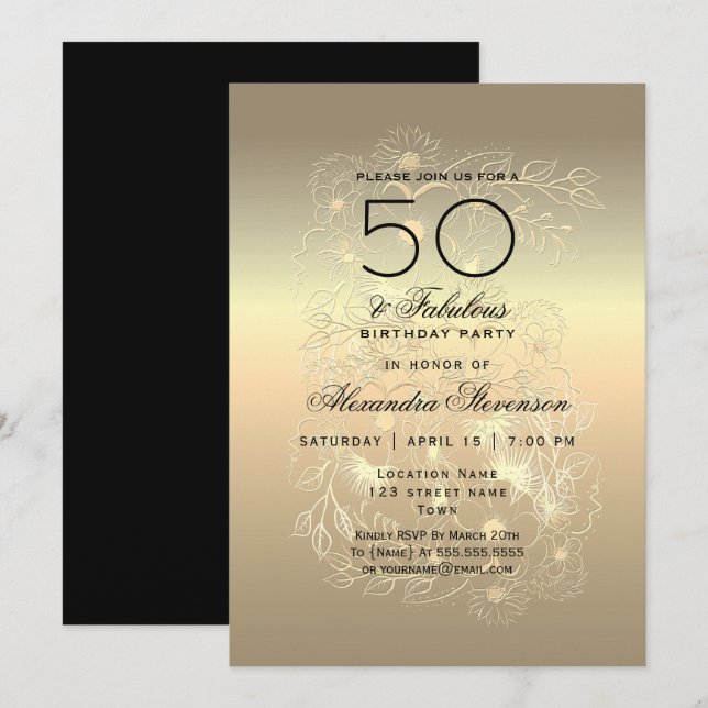 Goldkalligraphie 50. Geburtstag Einladung (Vorne/Hinten)