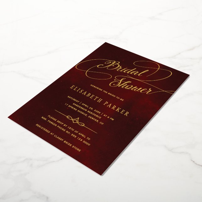 Goldkalligraphie-Bordeaux-Vintages Brautparty Folieneinladung (Gedreht)