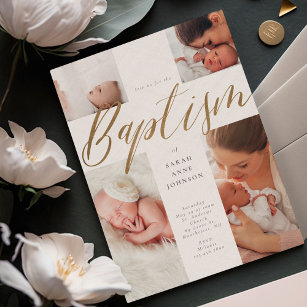 Goldkalligraphie Foto Collage Baby Taufkreuz Einladung