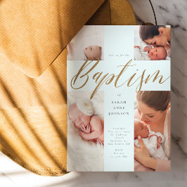 Goldkalligraphie Foto Collage Baby Taufkreuz Einladung