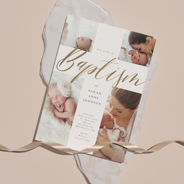 Goldkalligraphie Foto Collage Baby Taufkreuz Einladung (Von Creator hochgeladen)