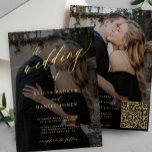 Goldkalligraphie-Overlay Foto QR CODE Hochzeit Einladung<br><div class="desc">Elegantes romantisches, trendiges Luxus-Foto in einer Hochzeitseinladung mit "Hochzeit der" Imitate Goldtext und schwarzes Overlay mit einem schicken Kalligraphieskript. Personalisieren Sie es mit Ihren 2 Fotos und Ihrem Scan QR CODE (automatisch generiert mit Ihrem URL-Link) auf die Website für UAWG online und weitere Details. Diese zeitlose Hochzeitsveranstaltung eignet sich für...</div>