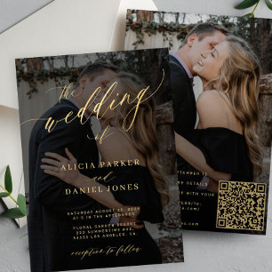 Goldkalligraphie-Overlay Foto QR CODE Hochzeit Einladung