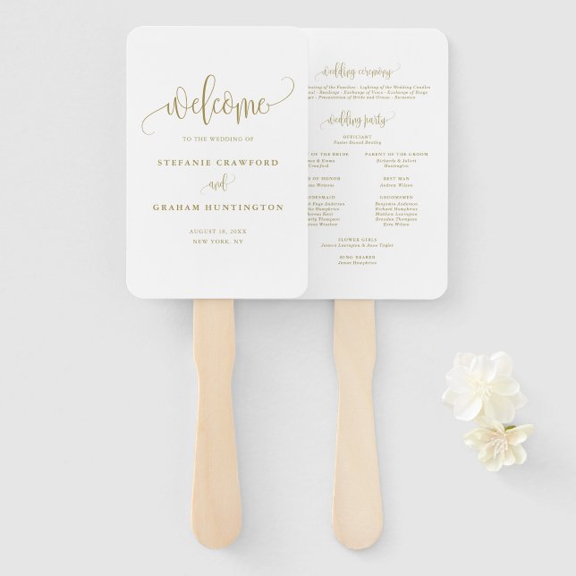Goldkalligraphie-Script-Hochzeitsprogramm Fächer (Vorne und Hinten)