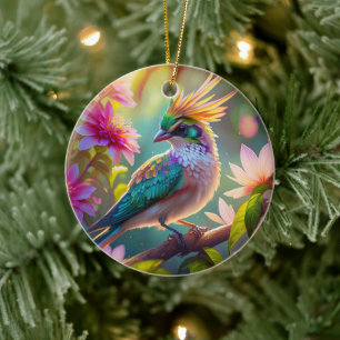 Goldkammgrüner Kopf Fink Fantasie Vogel Keramik Ornament