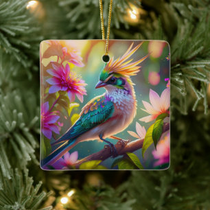Goldkammgrüner Kopf Fink Fantasie Vogel Keramikornament