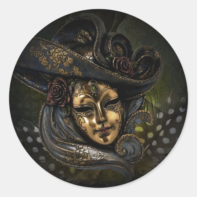 Goldkarnevalmaske mit blauer Hut und Federn Runder Aufkleber (Vorderseite)