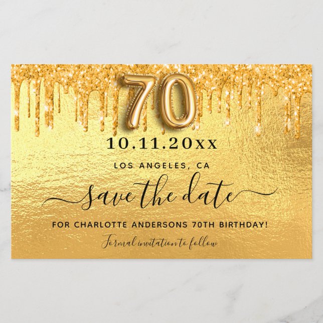 Goldkarte zum 70. Geburtstag, Glitzer Save the Dat (Vorderseite)