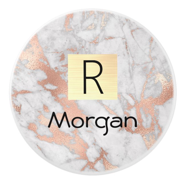 Goldkarton, Name und Monogramm, weiß und Rose Keramikknauf (Vorderseite)
