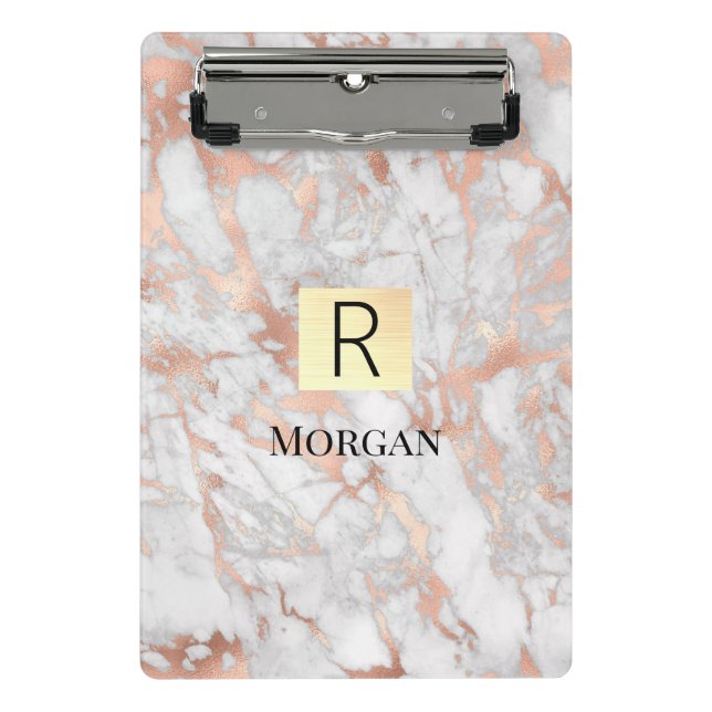 Goldkarton, Name und Monogramm, weiß und Rose Mini Klemmbrett (Vorderseite)