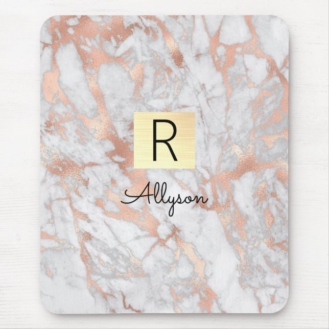 Goldkarton, Name und Monogramm, weiß und Rose Mousepad (Vorne)