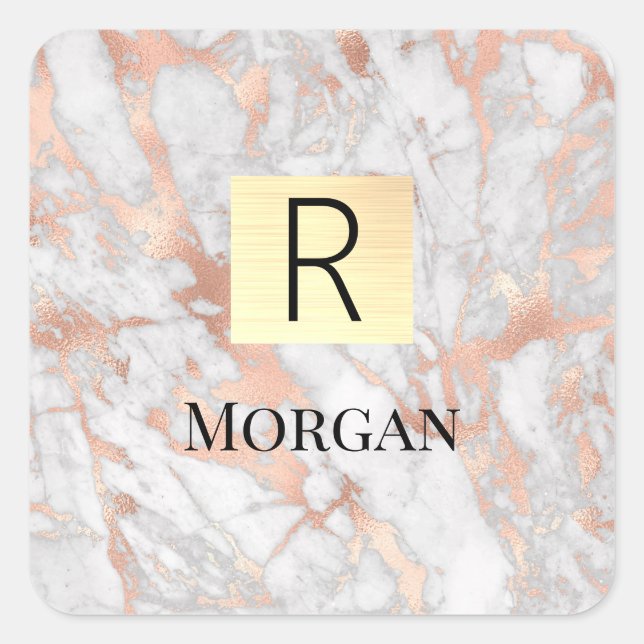 Goldkarton, Name und Monogramm, weiß und Rose Quadratischer Aufkleber (Vorderseite)