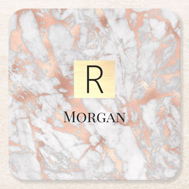Goldkarton, Name und Monogramm, weiß und Rose Rechteckiger Pappuntersetzer (Vorderseite)