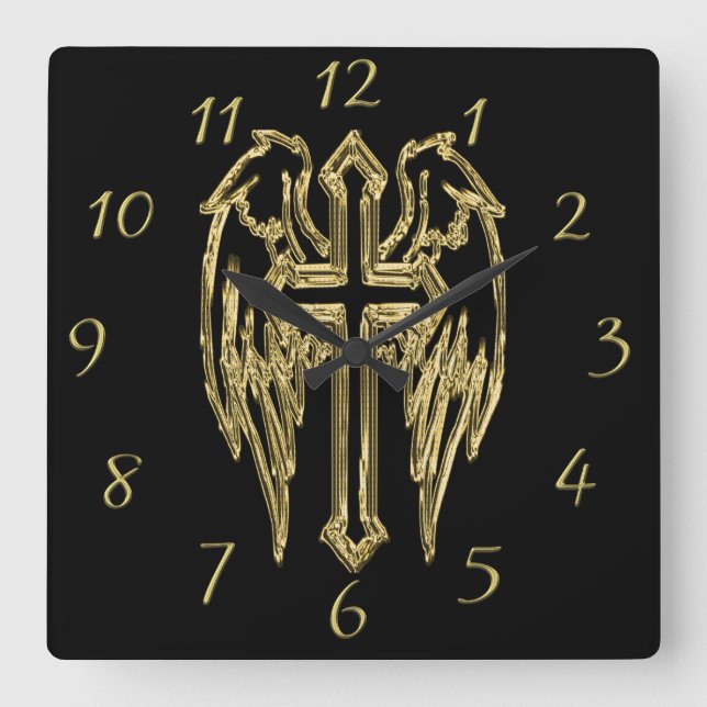 Goldkatholisches Kreuz mit Flügeln Quadratische Wanduhr (Vorderseite)