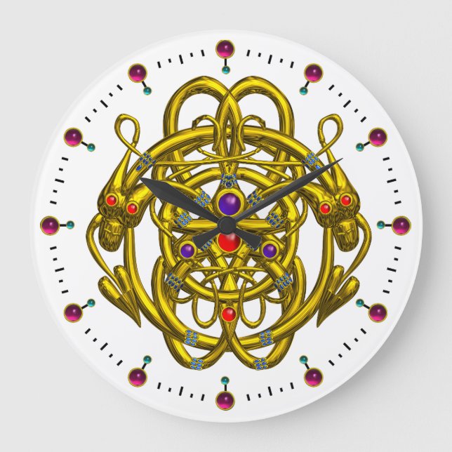 GOLDkeltische KNOTEN MIT DOPPELdrachen Große Wanduhr (Vorderseite)