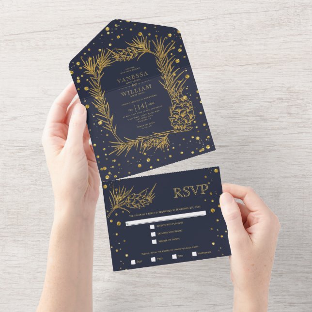 Goldkiefer, Konfetti Mitternacht Blaue Hochzeit Gl All In One Einladung (Abreißen)