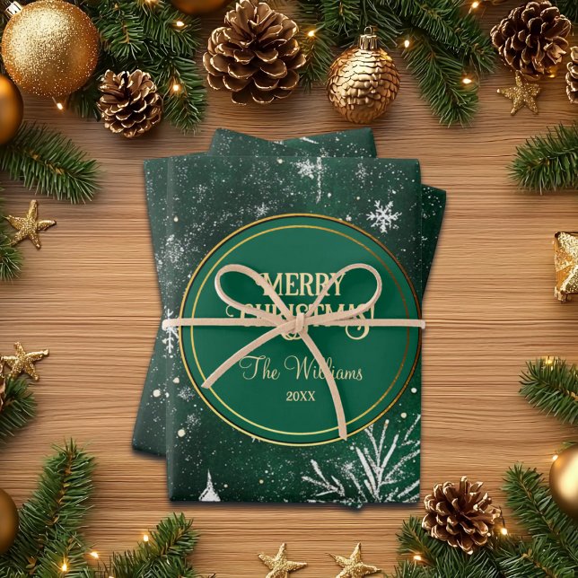 Goldkiefern Silberschneeflocken Jäger Grün Geschenkpapier Set (Von Creator hochgeladen)