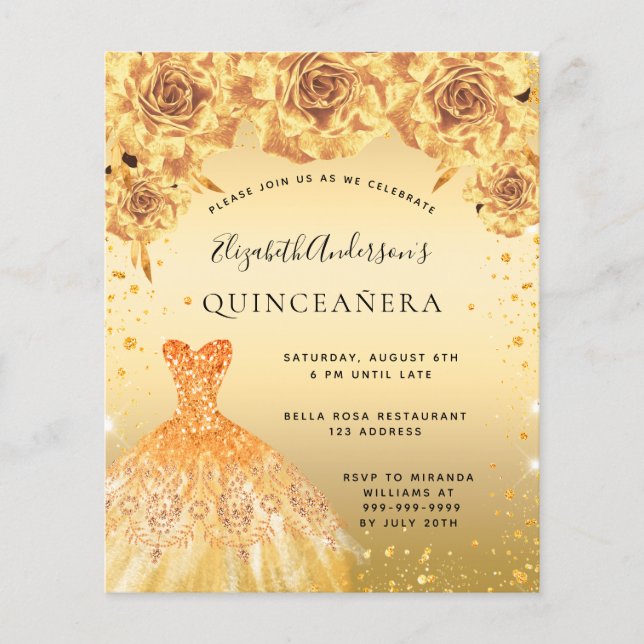 Goldkleid aus Quinceanera - Blumenzettel Flyer (Vorne)