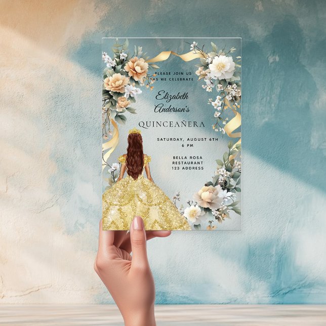 Goldkleid aus Quinceanera, gelbe Blumen klar Acryleinladungen (Von Creator hochgeladen)