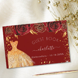 Goldkleid aus Quinceanera, rot, Glitzer, Blume Gästebuch