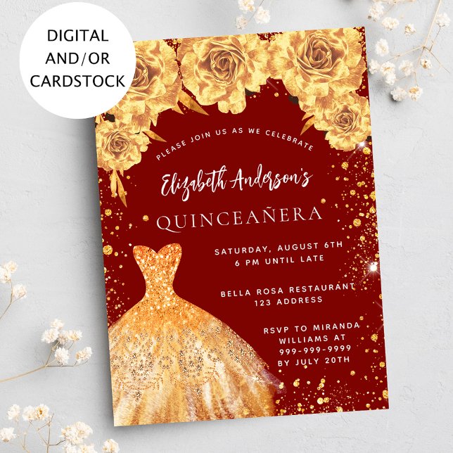 Goldkleid aus Quinceanera, rot, Glitzer, Rose Einladung (Von Creator hochgeladen)
