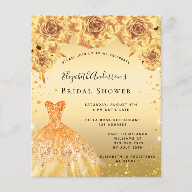 Goldkleid Blumenzwiebeln Brautparty Einladung (Vorderseite)