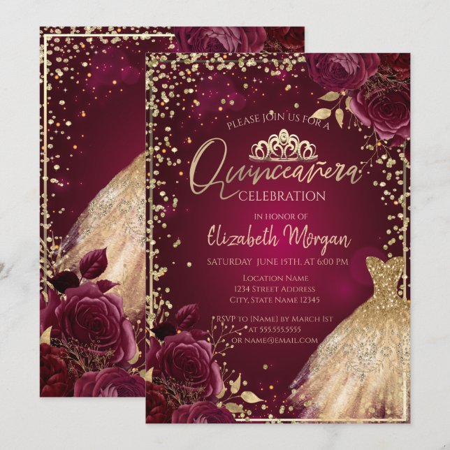 Goldkleid, Diamanten Burgund Rose Quinceañera Einladung (Vorne/Hinten)