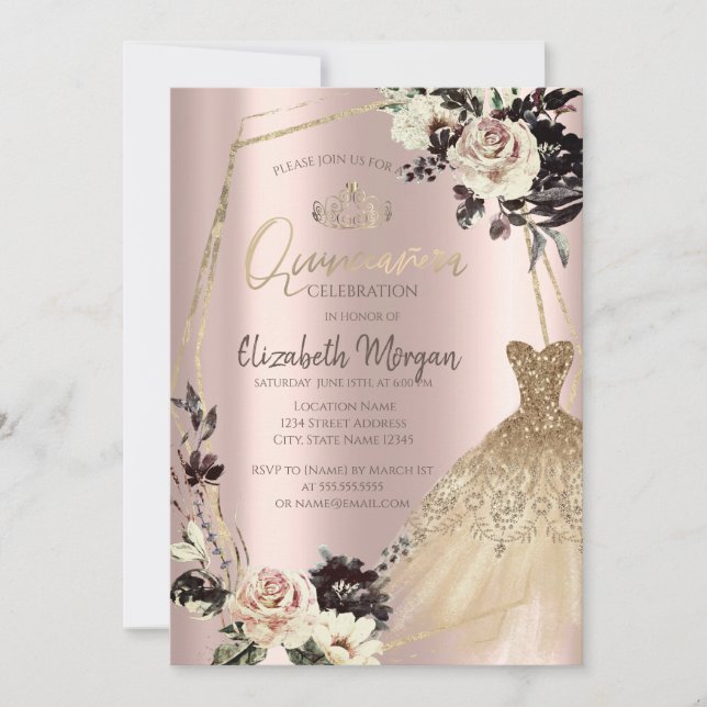 Goldkleid, Rahmen-Rose, Diamanten-Rose Gold Einladung (Vorderseite)
