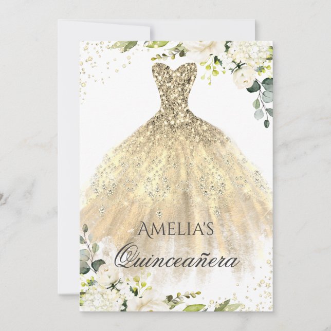 Goldkleid Sparkle Blumenzauber Einladung Quinceane (Vorderseite)