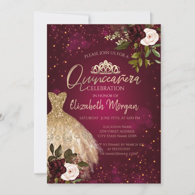 Goldkleid Tiara, Burgund Blume Quinceañera Einladung (Vorderseite)