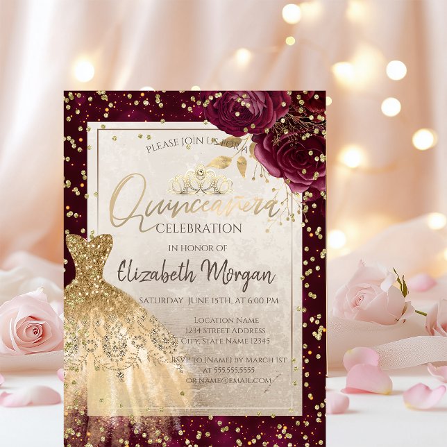 Goldkleid Tiara, Burgund Blume Quinceañera Einladung (Von Creator hochgeladen)