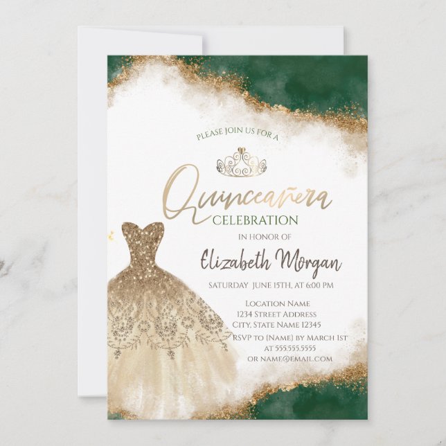 Goldkleid Tiara, grüner Glitzer Quinceañera Einladung (Vorderseite)