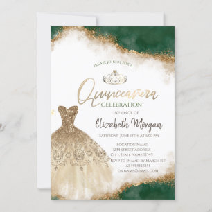 Goldkleid Tiara, grüner Glitzer Quinceañera Einladung