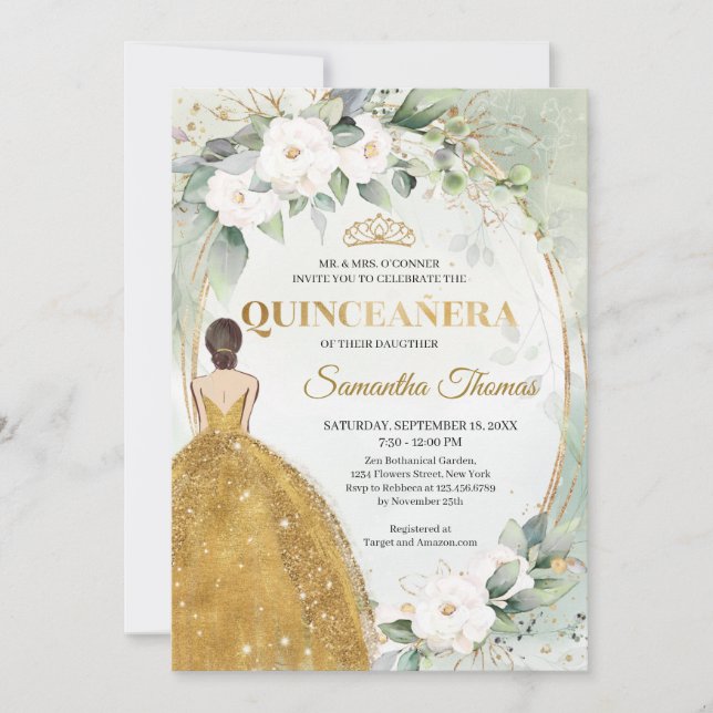 Goldkleid Tiara Kronenkronen weiße Rosen Grün Einladung (Vorderseite)
