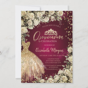 Goldkleid Tiara, Rose Burgund Quinceañera Einladung