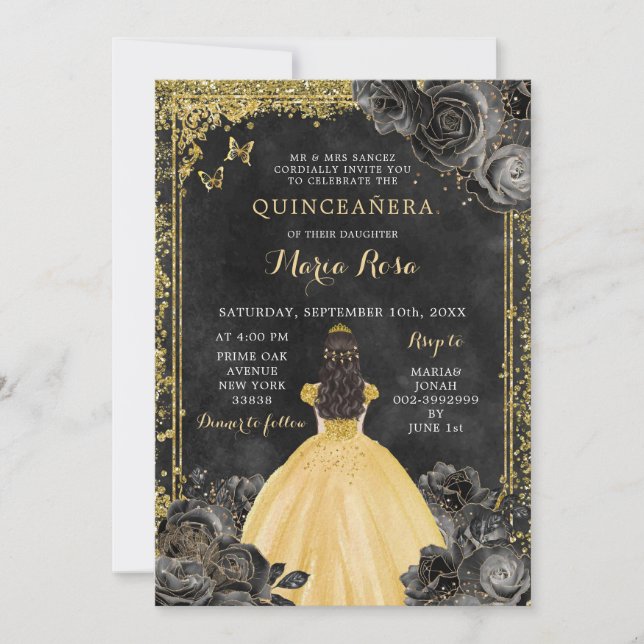 Goldkleid und Black Rose Royale Quinceañera Einladung (Vorderseite)