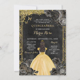 Goldkleid und Black Rose Royale Quinceañera Einladung