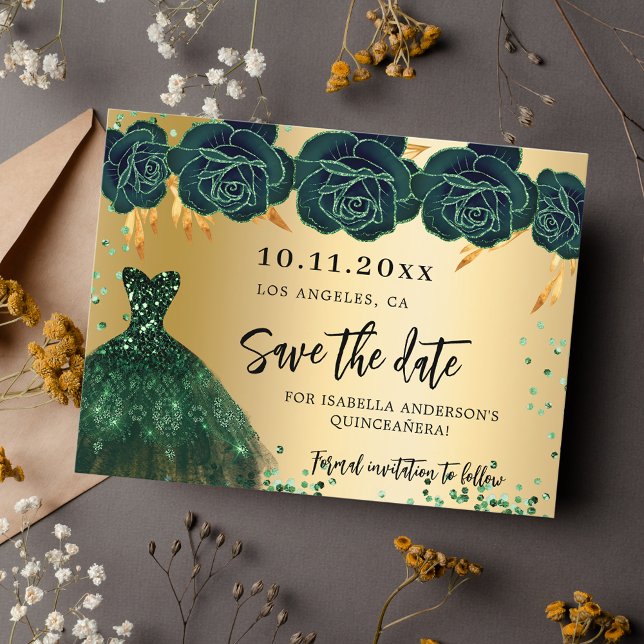 Goldkleider aus Quinceanera Save the Date Ankündigungspostkarte (Von Creator hochgeladen)