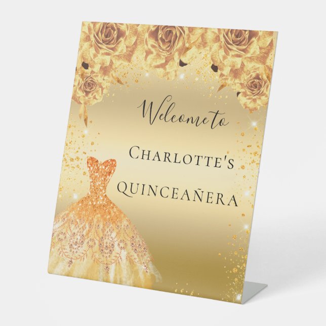Goldkleidung aus Quinceanera Glitzer Begrüßung Sockelschild (Vorderseite)