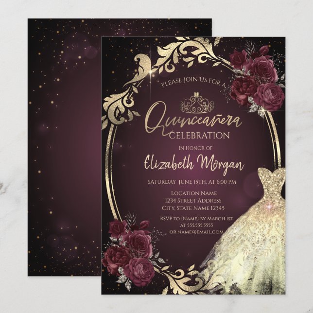 Goldkleidung Rahmen Burgundy Rose Quinceañera Einladung (Vorne/Hinten)