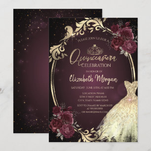 Goldkleidung Rahmen Burgundy Rose Quinceañera Einladung