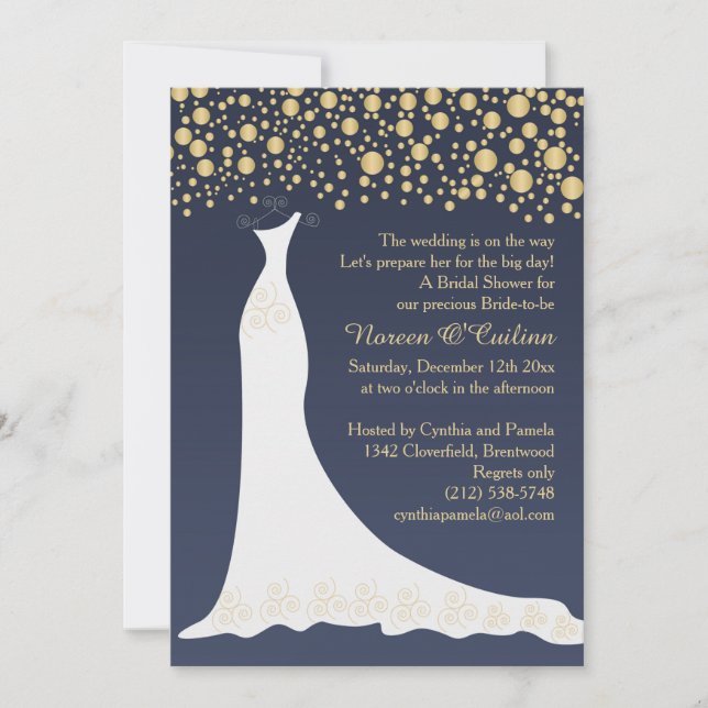 Goldkonfetti, Hochzeitskleid auf blauem Brautparty Einladung (Vorderseite)