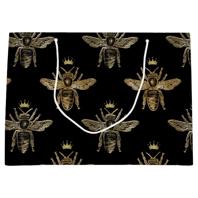 Goldköniginnen-Bienen auf Schwarz Große Geschenktüte (Vorderseite)